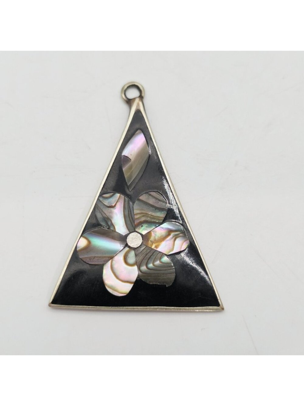 Triangular Abalone & Black Enamel Pendant With Floral Inlay Design - Mexico